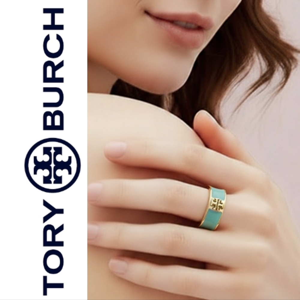 Tory Burch Gold and Teal Enamel Ring